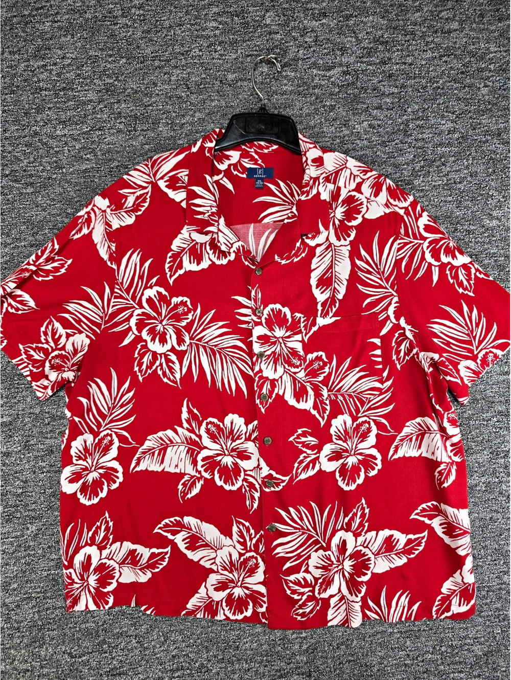 George Men's 2XL Red/White Floral Hawaiian Rayon Short Sleeve Button-Up Pockets